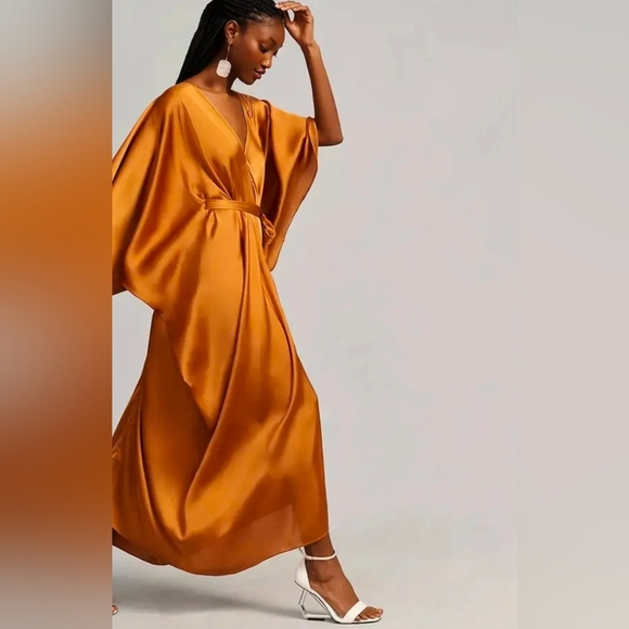 Anthropologie Satin Kaftan Tie Front Maxi Dress OS Adjustabe In Bronze NWT$200 - Picture 9 of 11